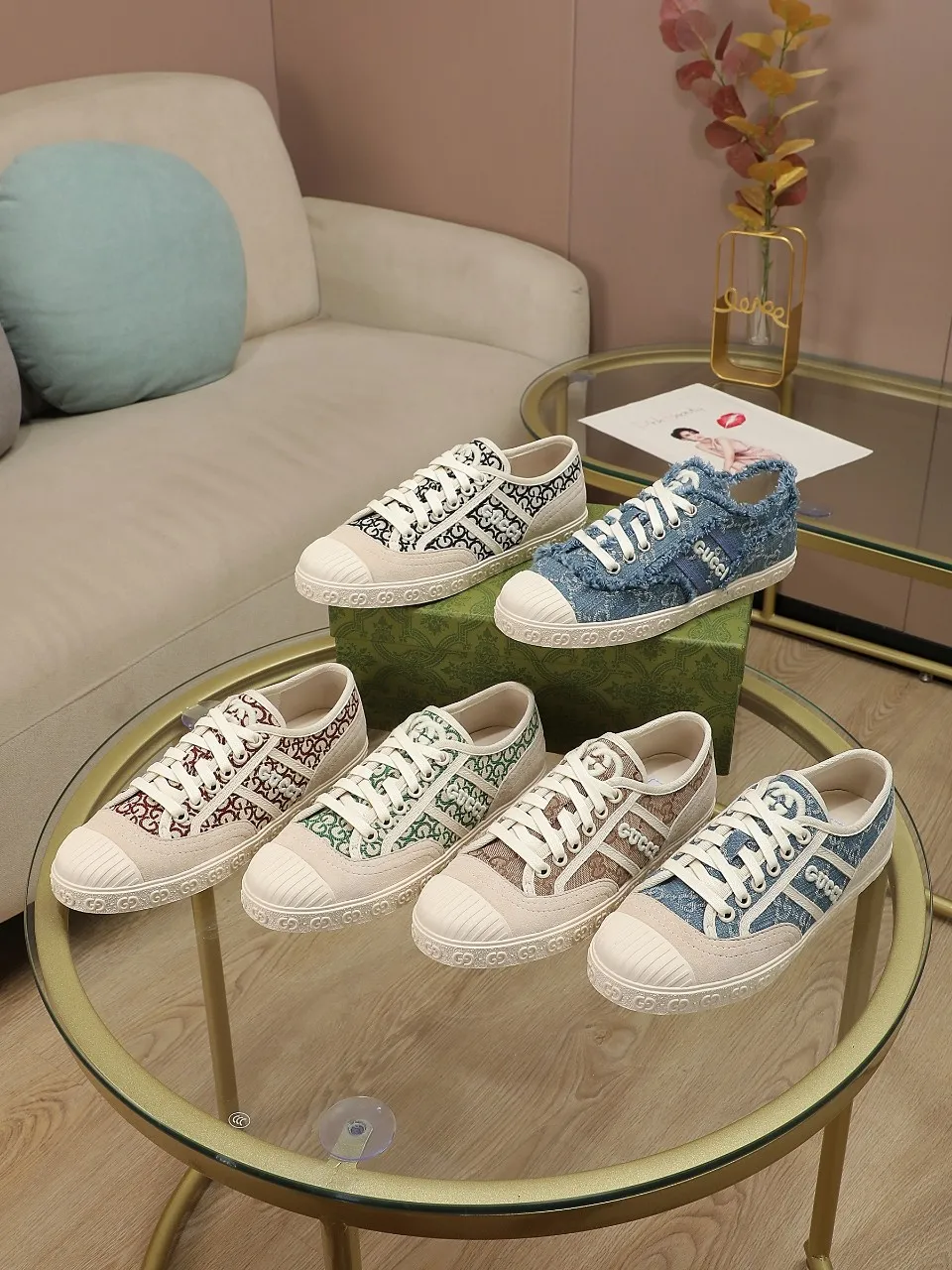 👟👟Ex-factory price 420👟👟 GUCCI~24 The latest double G embroidered low-cut lace-up fashion sneakers, originally developed, the fabric is exclusive double G fabric, the upper is perfectly matched with special craftsmanship, the lining is sheepskin, rubber outsole, size 35 to 40